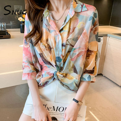 SNUG Senior sense of seven-point sleeve silk art sense of print shirt 2023 summer tops female unique mulberry silk shirts