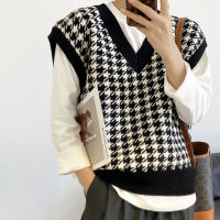 Elegant Houndstooth หลวมถักเสื้อกันหนาวฤดูใบไม้ร่วง V คอแขนกุดหนา Casual หญิง Waistcoat Chic Tops จัมเปอร์17502...