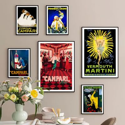 วินเทจขม Campari ค๊อกเทลมาร์ตินี่โปสเตอร์พิมพ์สำหรับห้องครัวหรือบาร์ผนังศิลปะผ้าใบจิตรกรรมห้องนั่งเล่นตกแต่ง
