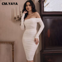 CMYAYA Women Winter Midi Dress Slash Neck Full Sleeve Solid Dress Club Night Sexy Draped Bandage Bodycon Dresses Vestidos GL1225