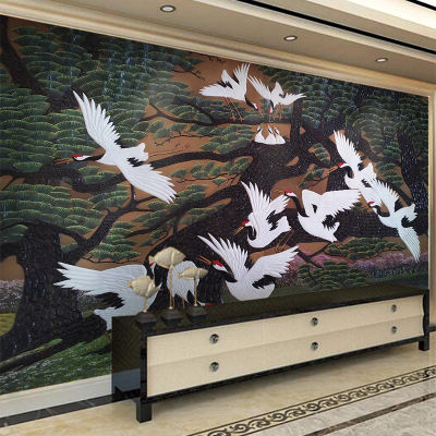 [hot]Custom Any Size Mural Wallpaper Chinese Style 3D Stereo Pine Tree Animal Crane Fresco Living Room TV Sofa Study Home Decor Mural