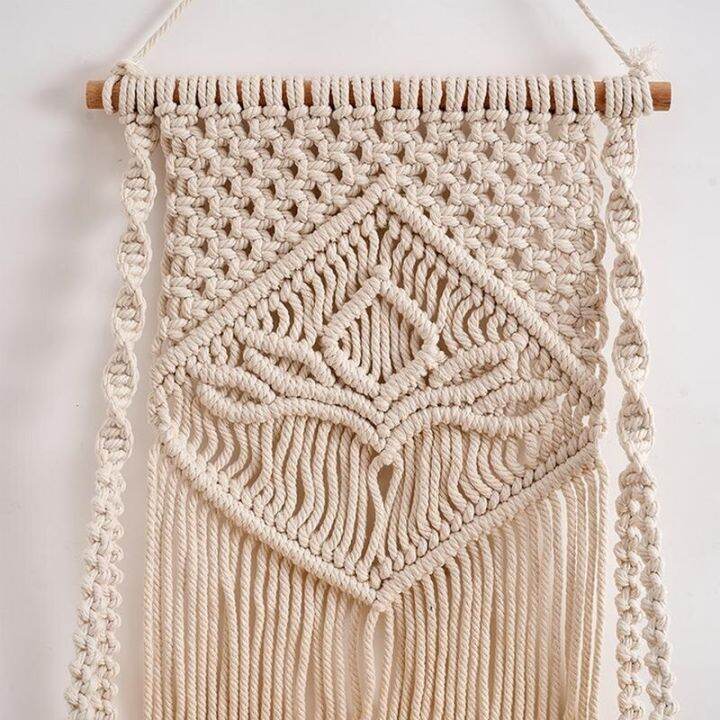 macrame-ชั้นแขวนผนังสำหรับตกแต่งไม้ลอยชั้นทอด้วยมือสไตล์โบฮีเมียนสีขาวชั้นวางติดผนังแนวชนบท