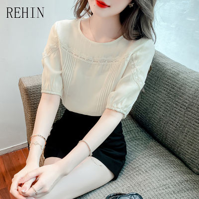 REHIN Women S Top 2022 Summer New Korean Lace Round Neck Short-Sleeved Shirt Lace Patchwork Elegant Blouse