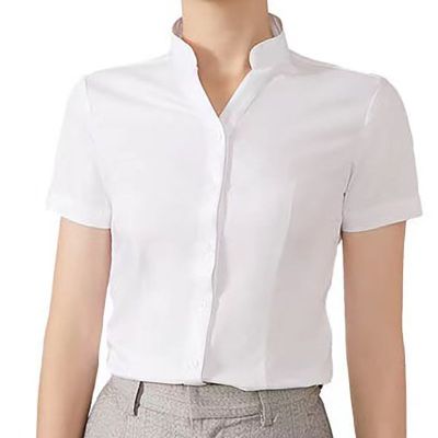 White clothing ladies fashion v-neck shirt joker business suits hotel receptionist uniform shirts with short sleeves