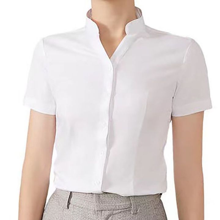 white-clothing-ladies-fashion-v-neck-shirt-joker-business-suits-hotel-receptionist-uniform-shirts-with-short-sleeves