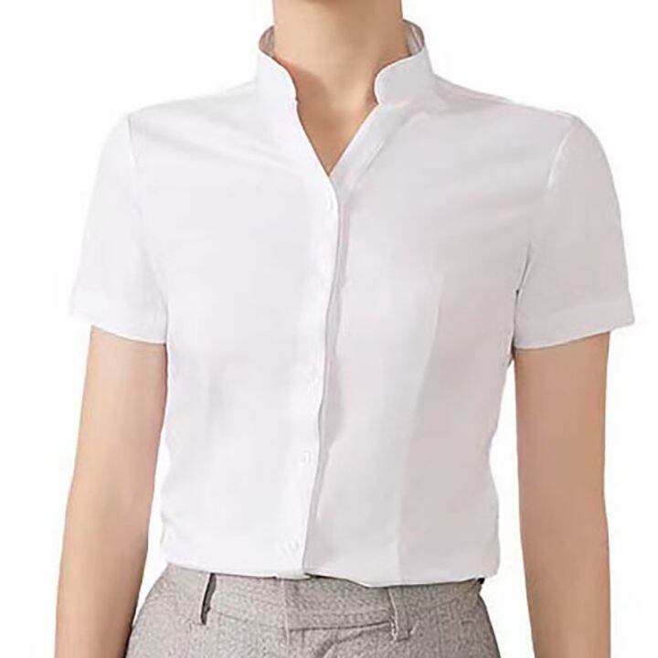 white-clothing-ladies-fashion-v-neck-shirt-joker-business-suits-hotel-receptionist-uniform-shirts-with-short-sleeves