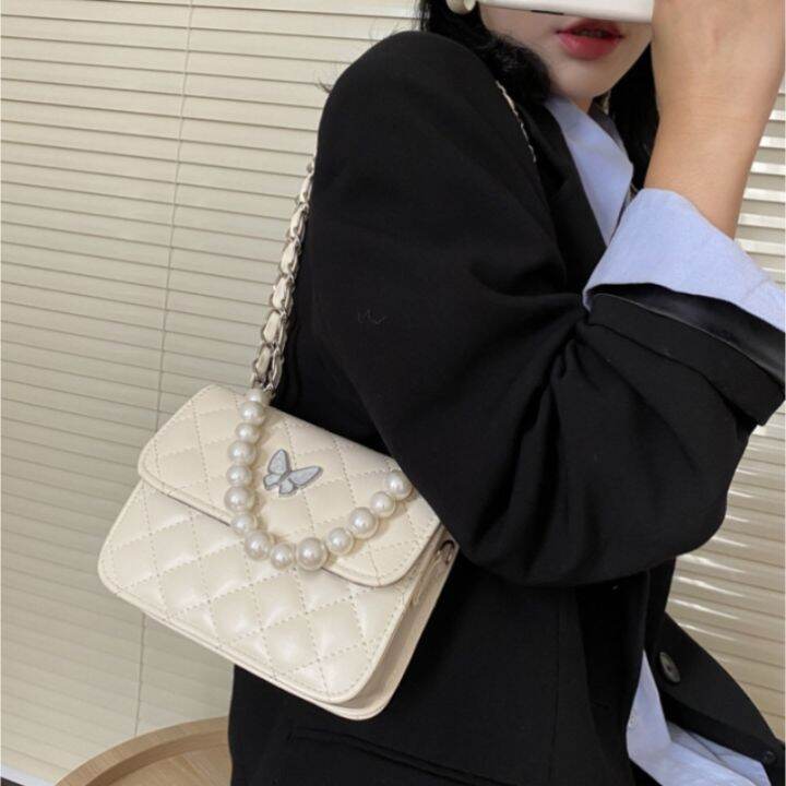 lilos-bags-กระเป๋าสะพายไหล่-หนังพรีเมี่ยม-กระเป๋าผู้หญิง-กระเป๋าแฟชั่น-กระเป๋ามุก-รูปแบบเพชร-กระเป๋าสะพายผีเสื้อ