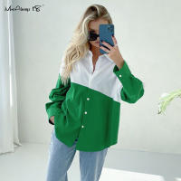 Mnealways18 Fashion Patchwork Shirts Women Long Sleeves Lapel Ladies Blouse Splicing White And Green Single-Breasted Streetwear