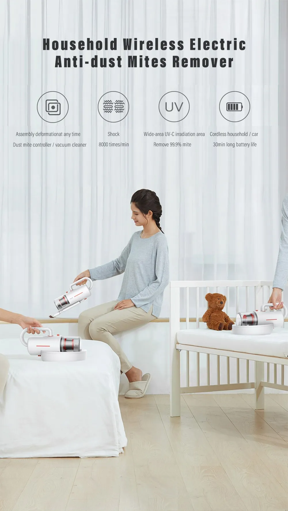 Deerma CM1900 Dust Mite Vacuum Cleaner Cordless with UV light and Powerful Motor having 3 Kinds of Brush Heads (White) 5