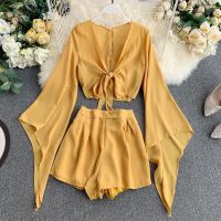 COD DSFGREYTRUYTU Chiffon Two Pieces Set Women Loose Short Sunscreen Jacket Wide Leg Short Pants Clothing Female Casual Holidays Suit