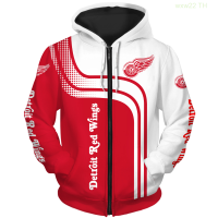 New Detroit Fashion Mens Long Sleeve 3d Red Wing Zipper Hoodie Red White Curve Graffiti Spot Print Sweater popular