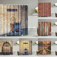 Vintage Style Wood Door Platform 3/4 Wall Bookshelf Shower Curtains Bathroom Curtain Fabric Waterproof Polyester with Hooks