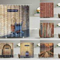 Vintage Style Wood Door Platform 3/4 Wall Bookshelf Shower Curtains Bathroom Curtain Fabric Waterproof Polyester with Hooks