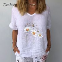 New Summer V Neck Short Sleeve Blouses Shirts Elegant Floral Printed Linen Cotton Shirt Women Casual Loose Harajuku Tops Blusas