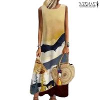 COD DSTGRTYTRUYUY ZANZEA Women Street Fashion Summer Sleeveless Casual Loose Printed Dress Baggy Dresses