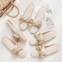 2023 New Luxury Woman Summer Close Toe Women Slippers Bowtie Lazy Slides Flat Heel Girl Slippers Korean Outdoor Flip Flops