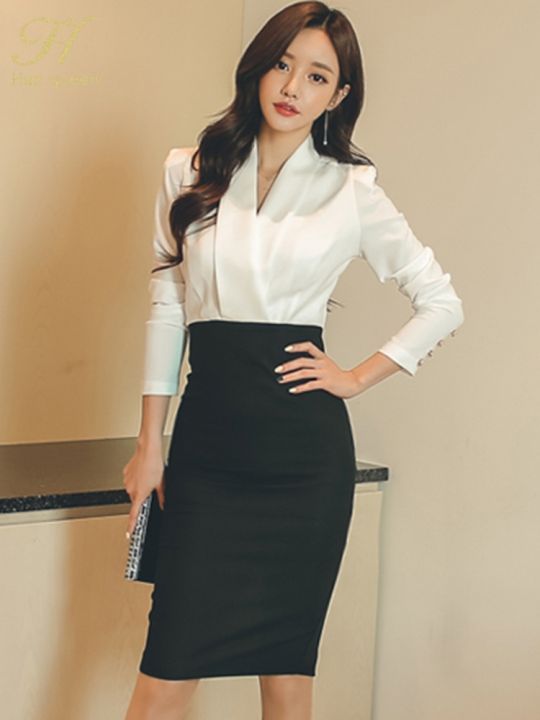 h-han-queen-hot-sale-autumn-black-white-stitching-office-sheath-bodycon-pencil-dress-high-waist-chic-party-womens-dresses