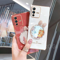 เคส V23e สำหรับ Vivo 5G /Vivo V23พร้อมกระจกแต่งหน้ามีโบว์ชุบ6D หรูหรากรอบสี่เหลี่ยมแวววาวของเด็กผู้หญิงเคสมือถือกรอบด้านหลังเป็นซิลิโคน Casing Ponsel กันกระแทก