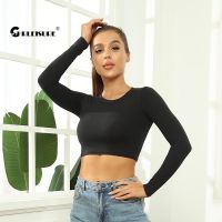 CHRLEISURE Women Long Sleeve Sports Top Workout Crop Top T-Shirts O Neck T-Shirts Slim Cycling Fashion Sports Top Solid