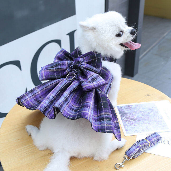 2021new-pet-dog-cat-clothes-plaid-skirt-pet-jk-uniform-vest-with-harness-leash-chihuahua-bichon-cute-skirt-pets-luxury-dress