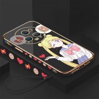 เคสพร้อมเคสสำหรับ Honor Magic5โปร (ฟรีสายคล้อง) ลายการ์ตูนดวงจันทร์ขอบสี่เหลี่ยมน่ารักปลอกชุบเคสโทรศัพท์เด็กผู้หญิงชุบหรูหราเคสโทรศัพท์นิ่ม