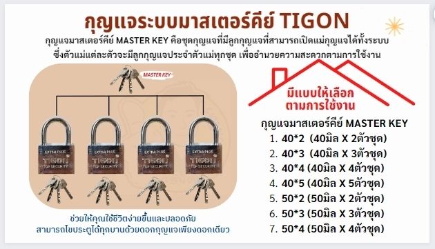 tigon-กุญแจระบบลูกปืนมาสเตอร์คีย์-40mm-50mm-2ตัวชุด-3ตัวชุด-4ตัวชุด-5ตัวชุด-กุญแจมาสเตอร์คีย์-ไขได้ในดอกเดียว-บรรจุกล่อง