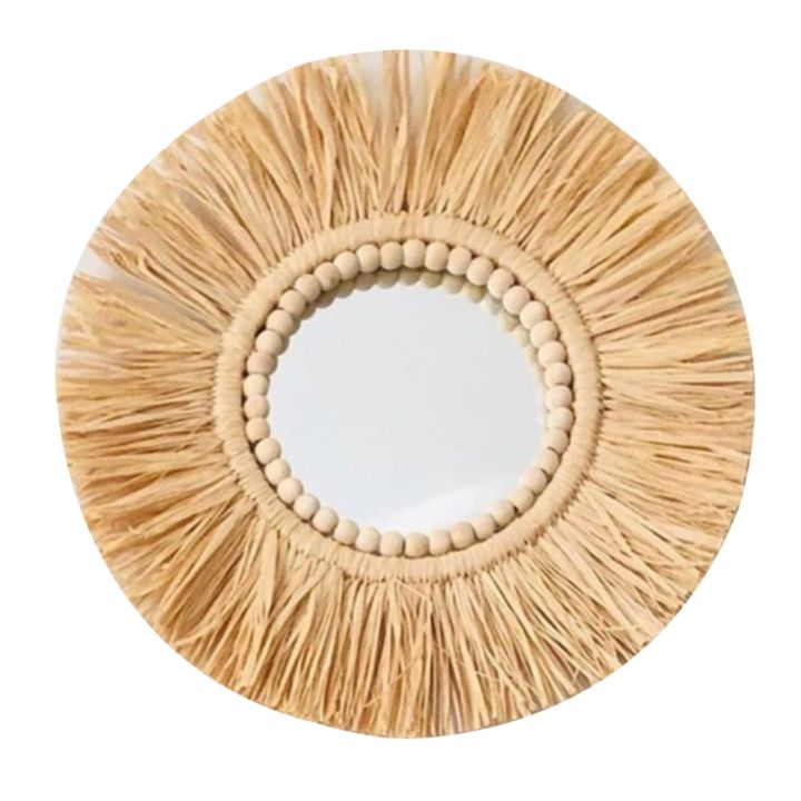 Moroccan Woven Straw Hanging Wall Mirror Boho Macrame Braided Wooden Beads Makeup Mirror Tapestry Home Bedroom Decoration