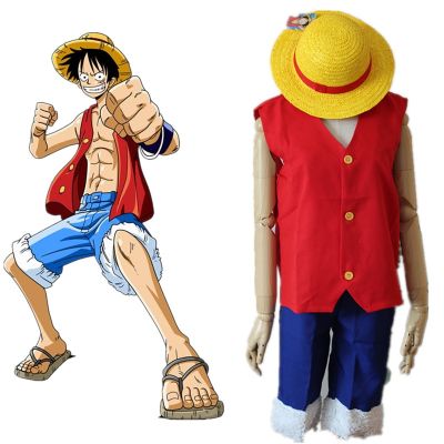 Anime One Piece Cosplay Monkey D Luffy 1St Costume Full Set Uniforms Adult Halloween Party Wear (Tops+Shorts+Hat)
