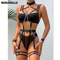 MIRABELLE Bondage Lingerie Halter Sexy Porn Underwear With Chain Ring Linked Erotic Costumes Fetish Sissy Teddy 4-Piece Sex Suit