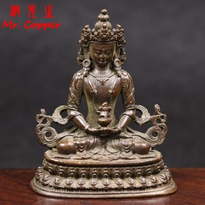 Antique Copper Amitayus Buddha Small Statue Desktop Ornaments Amitabha Figurines Lucky Home Decoration Accessories Crafts Decors