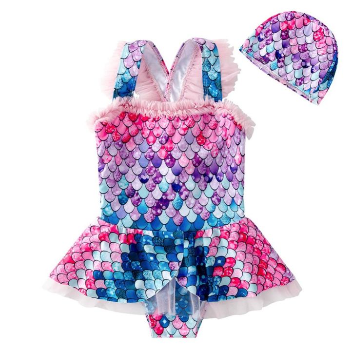 Sequins Bikini Baby Girls Swimsuit with Swimming Cap For Children