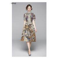 Fashionable All-Match Waist Slimming Positioning Printed Short-Sleeved Dress (with Belt)