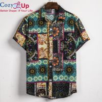 Cozy Up เสื้อเชิ้ตแขนสั้นผู้ชาย,ใหม่ผ้าลินินเข้ารูปพิมพ์ลายปกสไตล์ชนเผ่า