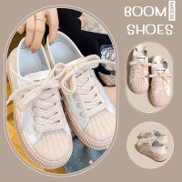 BOOM?รองเท้าผ้าใบหนัง สีเบจชมพู ขอบบิสกิตส้นหนา พื้นนุ่ม เบอร์ 35-40