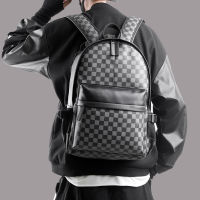 GNWXY New Casual Fashion Classic Plaid Korean Version Large Capacity Backpack Men PU Leather Travel Backpack Student Schoolbag
