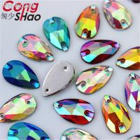 Cong Shao 100Pcs 10x18mm Drop Shape Black Crystals AB Rhinestone Flatback Sewing 2 Hole Stones Resin For DIY Wedding Dress WC415