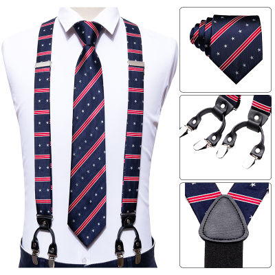 Men Silk Suspenders Set 6 Clip-on Braces Elastic Y-Shape Adjustable Red Black Suspenders Necktie Cufflinks Hanky Set