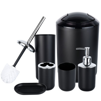 iMucci 6pcs Luxury Bathroom Accessories Plastic Solid Color Toothbrush Holder Cup Soap Dispenser Toilet Brush Trash Can Set