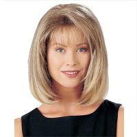 HAIRJOY Short Ombre Blonde Wig With Bangs Layered Straight Bob Synthetic Hair Wigs For Women Mixed Blond  With Dark Roots