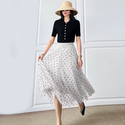 ‘；’ Spring Summer Versatile Yarn Skirt Heavy Industry Flocking Wavelet Dot Mesh Halflength Skirt Medium Length 80CM Skirt