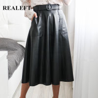 REALEFT Autumn Winter 2021 New Faux PU Leather Mi-long Skirt with Belted High Waist Vintage Mid-calf Chic Umbrella A-Line Skirts