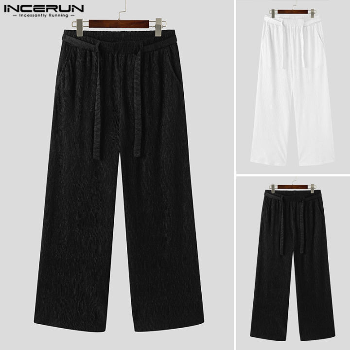 incerun-กางเกงผู้ชายระดับเอวแบบยางยืดตรงเรียบ-กางเกงทอลายแต่งระบายลำลอง-สไตล์เกาหลี