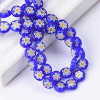 50pcs 8mm Flat Round Deep Blue &amp; Yellow Flower Patterns Millefiori Glass Loose Crafts Beads lot for DIY Jewelry Making Findings