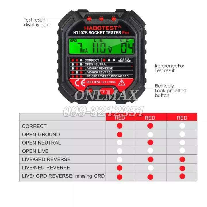 habotest-ht107b-socket-tester-ตรวจสอบเต้ารับ-สายดิน-สาย-l-n-เช็คไฟรั่วลงดิน-gfci-ใช้ง่าย-แม่นยำ