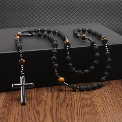 【CW】Natural Lava Stone Tiger-eye Hematite Cross Pendant Necklace Rosary Handmade Jewelry for Men