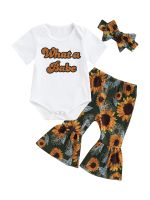 Infant Baby Bell Bottoms Outfit Short Sleeve Solid Basic Babe Romper Bodysuit Shirt Sunflower Flare Pants Girls 3pcs Suit  by Hs2023