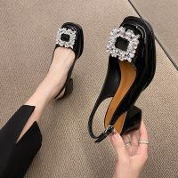 Rhinestone Sandals Mary Jane Shallow Mouth Comfort Shoes Woman Summer Heels Med Pointed Girls High Retro Medium Fashion Shoes