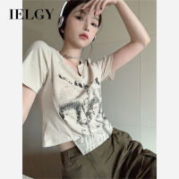 IELGY เสื้อยืดคอวีแขนสั้นผู้หญิง,เสื้อเอวลอยดีไซน์อเมริกาแบบย้อนยุคฤดูร้อนแบบไม่สม่ำเสมอ