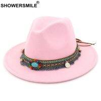 SHOWERSMILE Pink Fedora Ladies Vintage Felt Hat Women Casual Ethnic Style Large Brim Tweed Autumn Winter Jazz Cap Red Black 2021