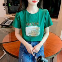 AOLINA 2023เสื้อยืดแขนสั้นพิมพ์ลายสำหรับผู้หญิงใหม่เสื้อคอกลมสีเขียวกระชับสัดส่วนเปิดไหล่ใส่ขนาดเล็กลำลองคนสำหรับฤดูใบไม้ผลิ/ฤดูร้อน